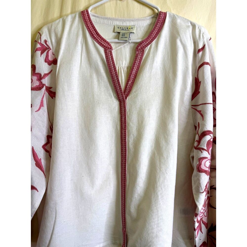 NWT Calypso St. Barth Women's White Blouse Pink Floral Embroidery Boho Size XL - Picture 5 of 11